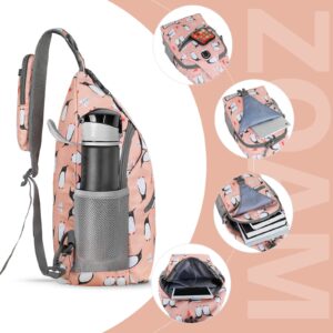 ZOMAKE Sling Bag, Penguin Pink, Nylon, 5 Separate Compartments, 10" iPad Compartment, Anti-Theft, Adjustable Reversible Shoulder Strap, Water Resistant