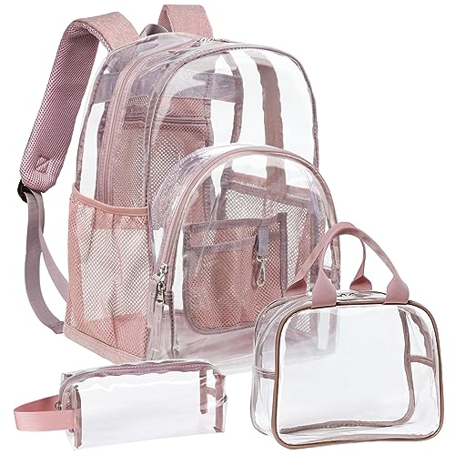 F-color Clear Backpack - Large Clear Backpack Heavy Duty with Lunch Bag and Pen Bag for Adults, Women, Stadium, Travel, Transparent Backpack, Pink (for age 12 or above)