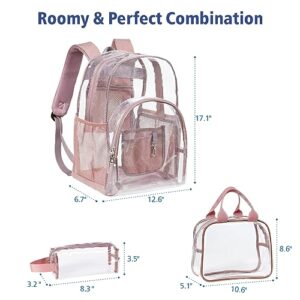 F-color Clear Backpack - Large Clear Backpack Heavy Duty with Lunch Bag and Pen Bag for Adults, Women, Stadium, Travel, Transparent Backpack, Pink (for age 12 or above)