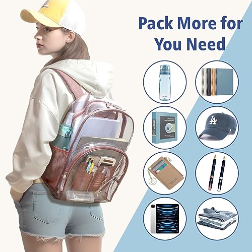 F-color Clear Backpack - Large Clear Backpack Heavy Duty with Lunch Bag and Pen Bag for Adults, Women, Stadium, Travel, Transparent Backpack, Pink (for age 12 or above)