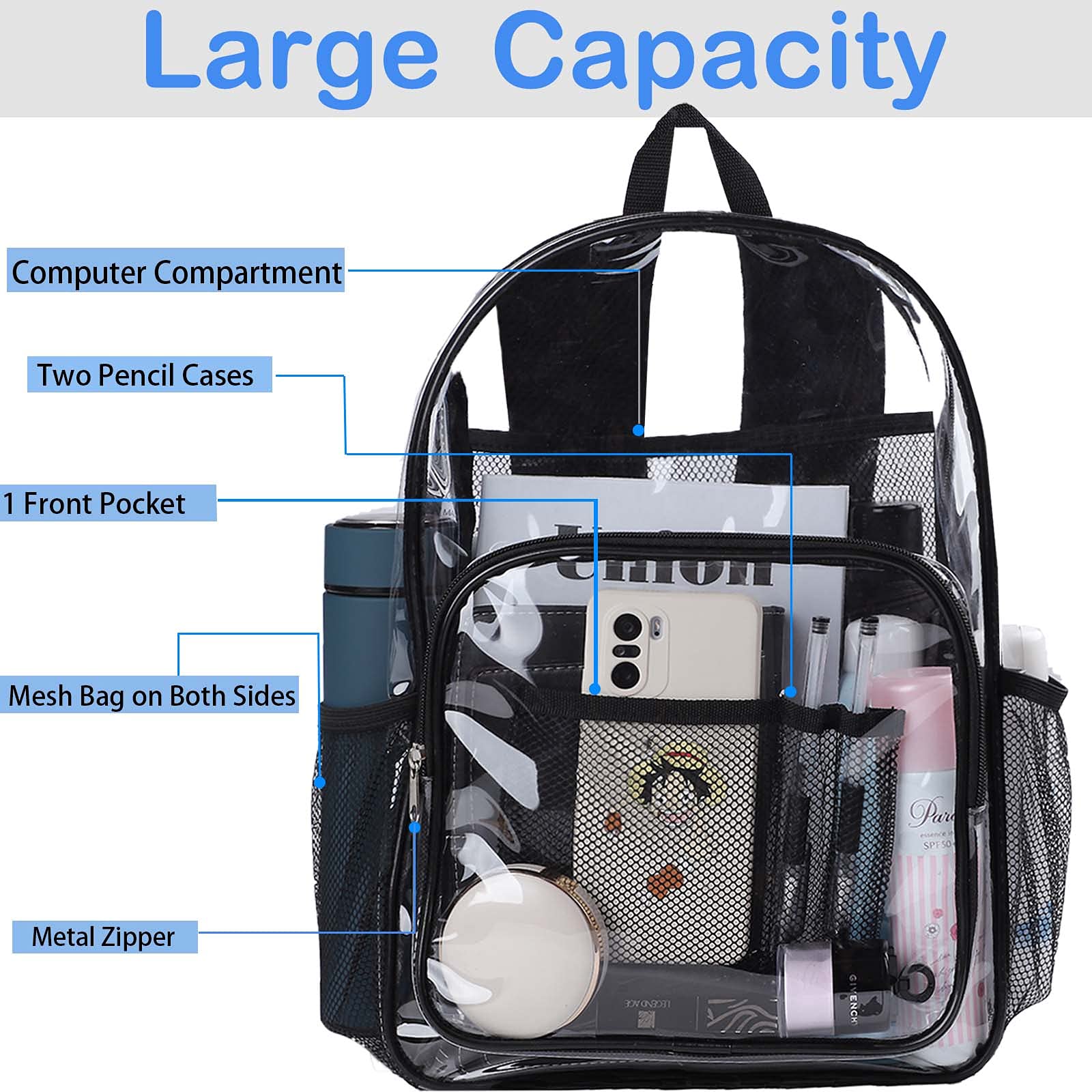 BAJNOKOU Clear Backpack Heavy Duty Pvc Bookbag for School - See Through Transparent Stadium Approved Backpacks for Women Concert Sport Venues Work Travel,Black