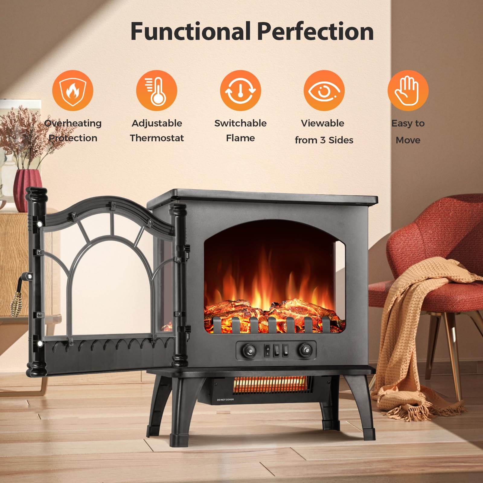 Kismile Electric Fireplace Stove,1500W Infrared Fireplace Heater with 3D Realistic Flame,Overheating Protection,22inch Portable Freestanding Electric Fireplace for Indoor Use