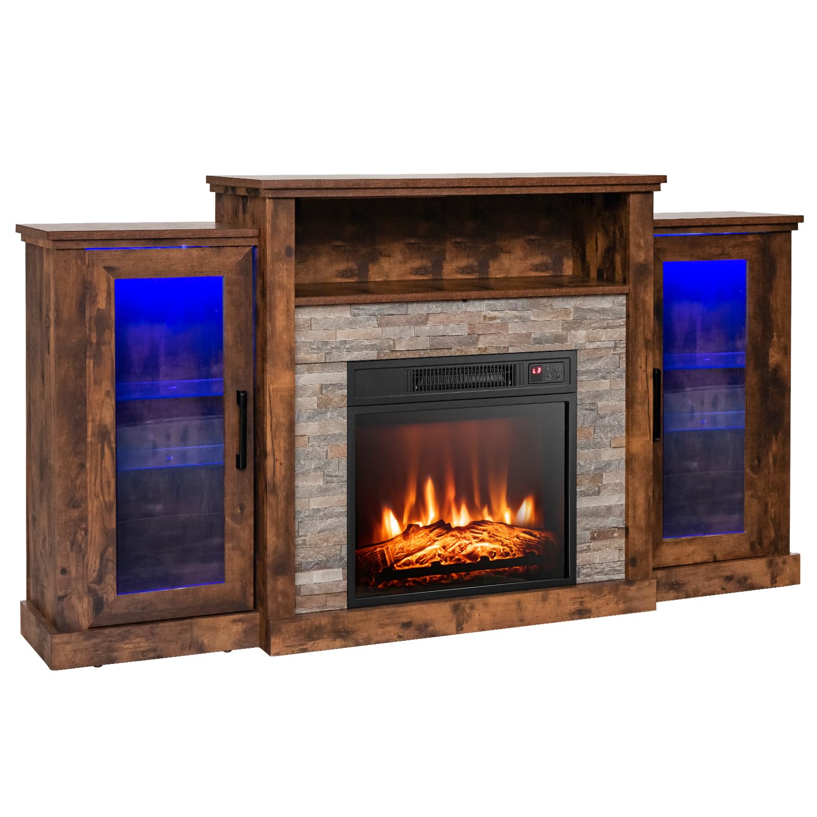 GOFLAME Fireplace TV Stand with LED Lights for TV up to 65”, Entertainment Center with 18” Electric Fireplace, Remote & APP Control, TV Console with Adjustable Glass Shelves (Brown)