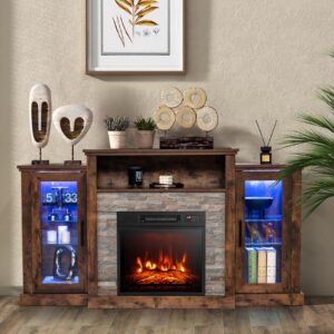 GOFLAME Fireplace TV Stand with LED Lights for TV up to 65”, Entertainment Center with 18” Electric Fireplace, Remote & APP Control, TV Console with Adjustable Glass Shelves (Brown)