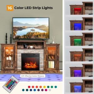 GOFLAME Fireplace TV Stand with LED Lights for TV up to 65”, Entertainment Center with 18” Electric Fireplace, Remote & APP Control, TV Console with Adjustable Glass Shelves (Brown)