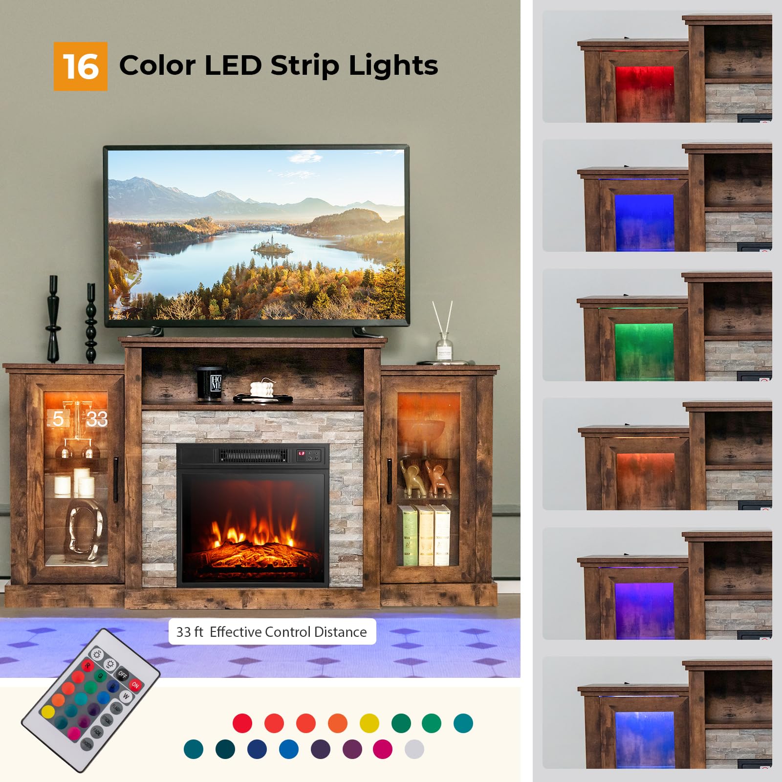 GOFLAME Fireplace TV Stand with LED Lights for TV up to 65”, Entertainment Center with 18” Electric Fireplace, Remote & APP Control, TV Console with Adjustable Glass Shelves (Brown)