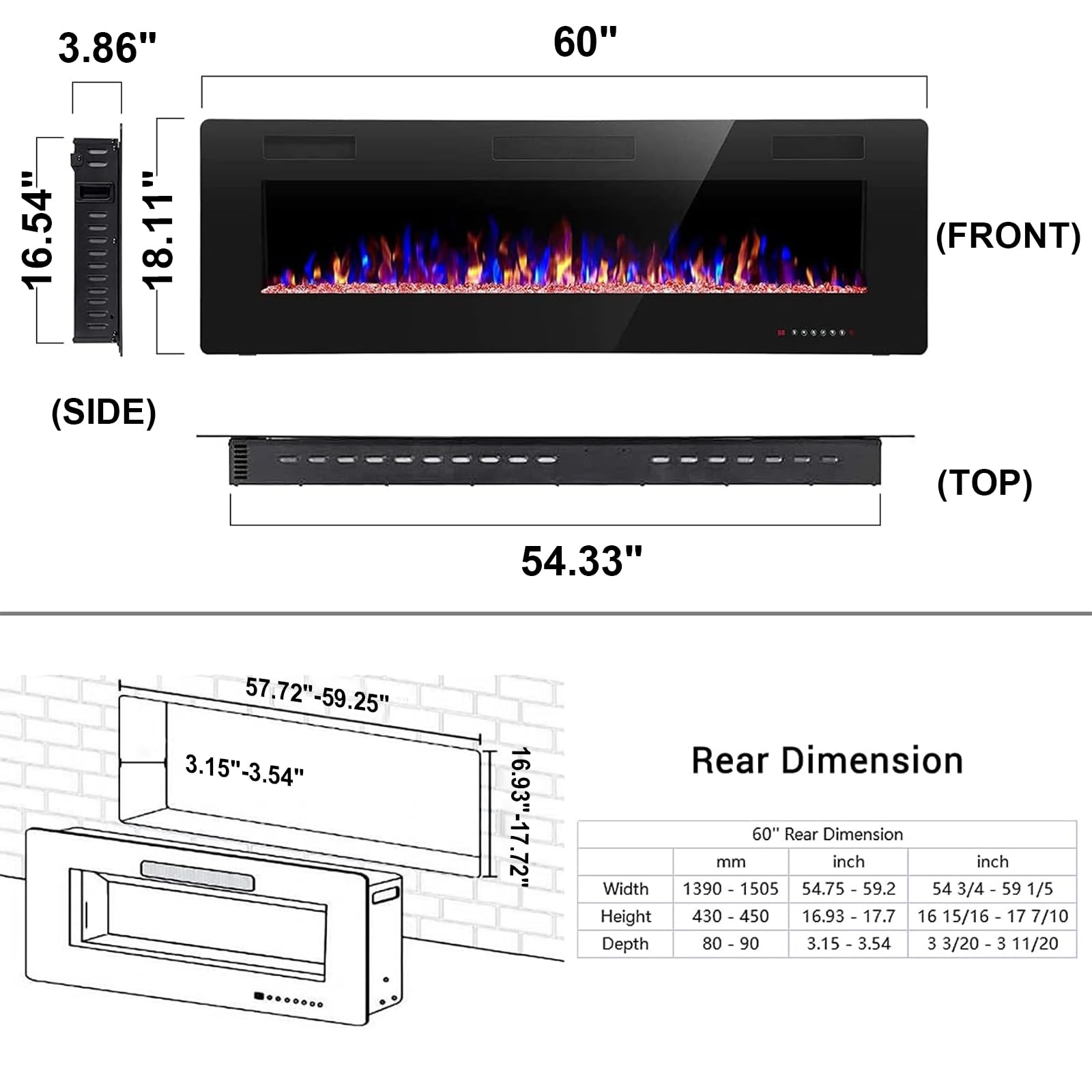 Joy Pebble 60 inch Electric Fireplace Inserts, in-Wall Recessed and Wall Mounted 750/1500W Fireplace Heater, Touch Screen, Remote Control with Timer, Adjustable Flame Color and Speed