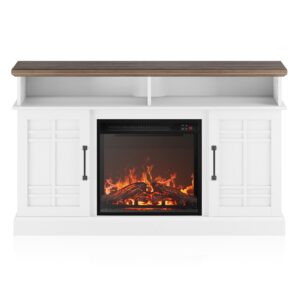 BELLEZE 48" TV Stand with 18" Electric Fireplace Heater, Modern TV Stand for TVs up to 50", Entertainment Media Stand with Open Shelves and Storage Cabinets for Living Room, Bedroom (White)