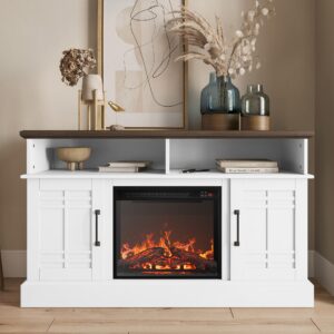 BELLEZE 48" TV Stand with 18" Electric Fireplace Heater, Modern TV Stand for TVs up to 50", Entertainment Media Stand with Open Shelves and Storage Cabinets for Living Room, Bedroom (White)