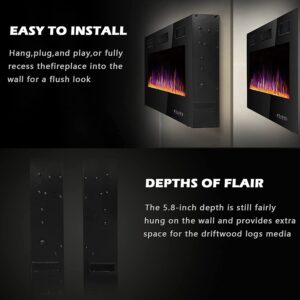 BOSSIN 72 inch Ultra-Thin Silence Linear Electric Fireplace, Recessed Wall Mounted Fireplace, Fit for 2 x 4 and 2 x 6 Stud, 12 Adjustable Flame Color & Speed,Touch Screen Remote Control with 8h Timer