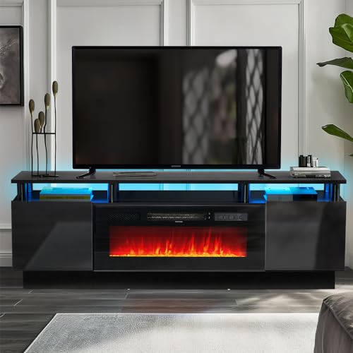 oneinmil Fireplace TV Stand with 36" Electric Fireplace,LED Light Entertainment Center,2 Tier TV Console Stand for TVs Up to 80",Fireplace for The Living Room TV Stand,Black