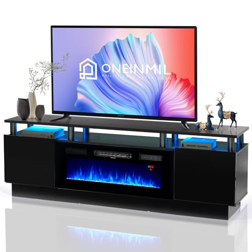 oneinmil Fireplace TV Stand with 36" Electric Fireplace,LED Light Entertainment Center,2 Tier TV Console Stand for TVs Up to 80",Fireplace for The Living Room TV Stand,Black