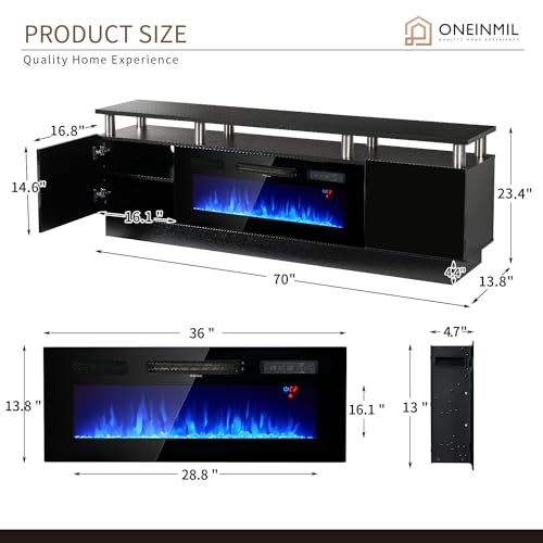 oneinmil Fireplace TV Stand with 36" Electric Fireplace,LED Light Entertainment Center,2 Tier TV Console Stand for TVs Up to 80",Fireplace for The Living Room TV Stand,Black