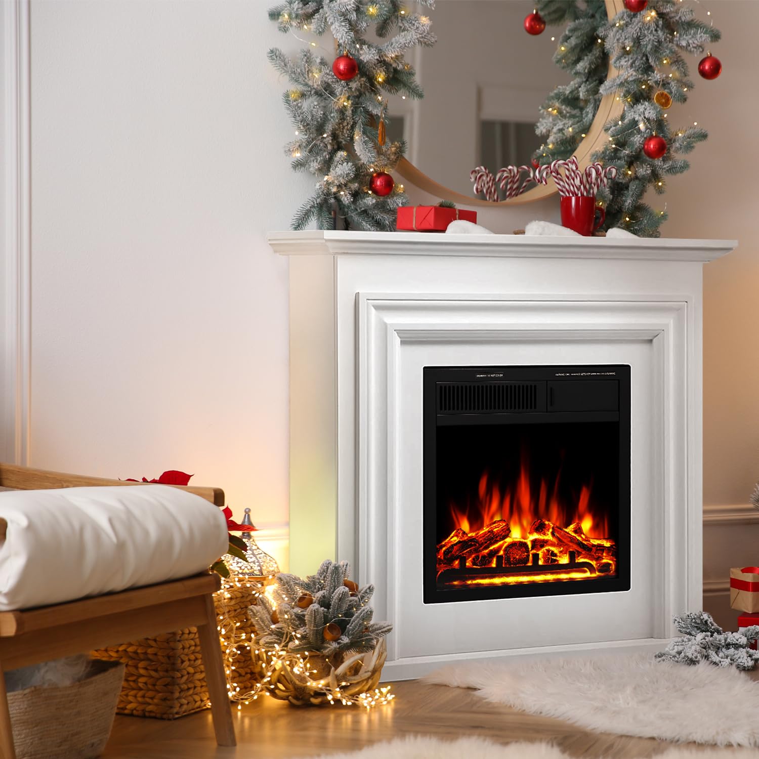 Havato Electric Fireplace Heater Wooden Surround Firebox?Remote Control, Adjustable LED Flame, 750W/1500W Free Standing Fireplace?White?