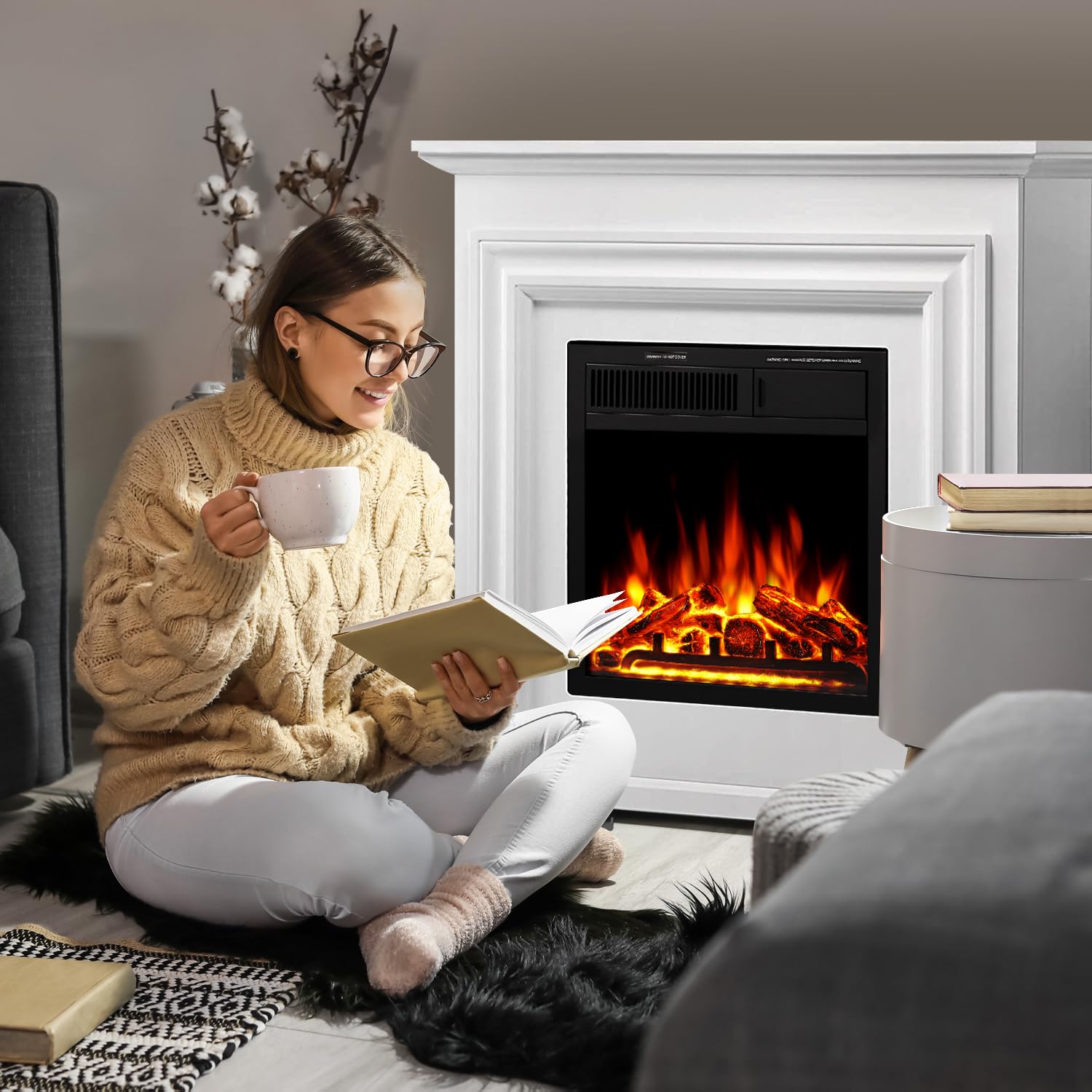 Havato Electric Fireplace Heater Wooden Surround Firebox?Remote Control, Adjustable LED Flame, 750W/1500W Free Standing Fireplace?White?