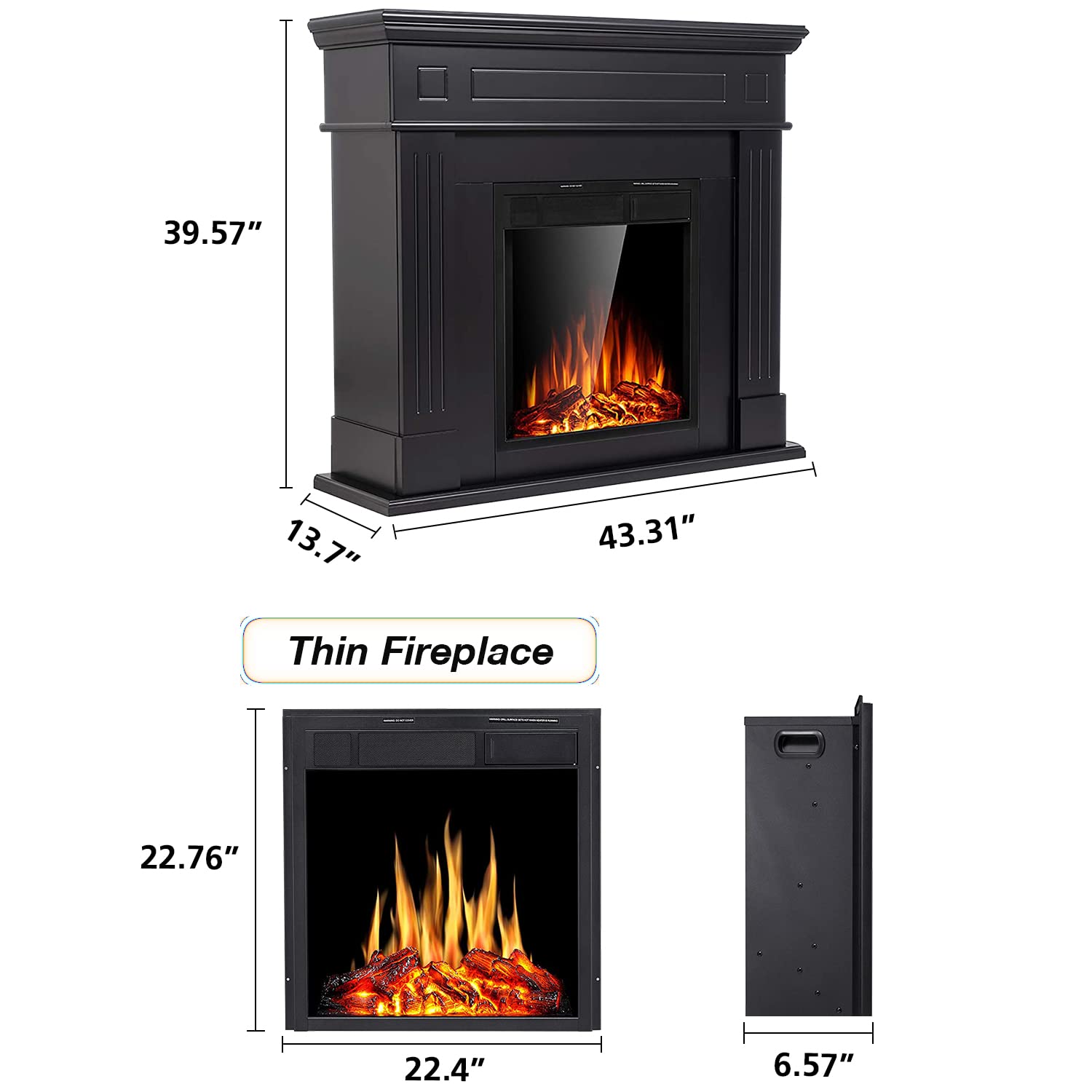 Cowsar 44" Electric Fireplace with Mantel Package Free-Standing Fireplace Heater, Wooden Surround Firebox with Log, Remote Control, 750-1500W, Black