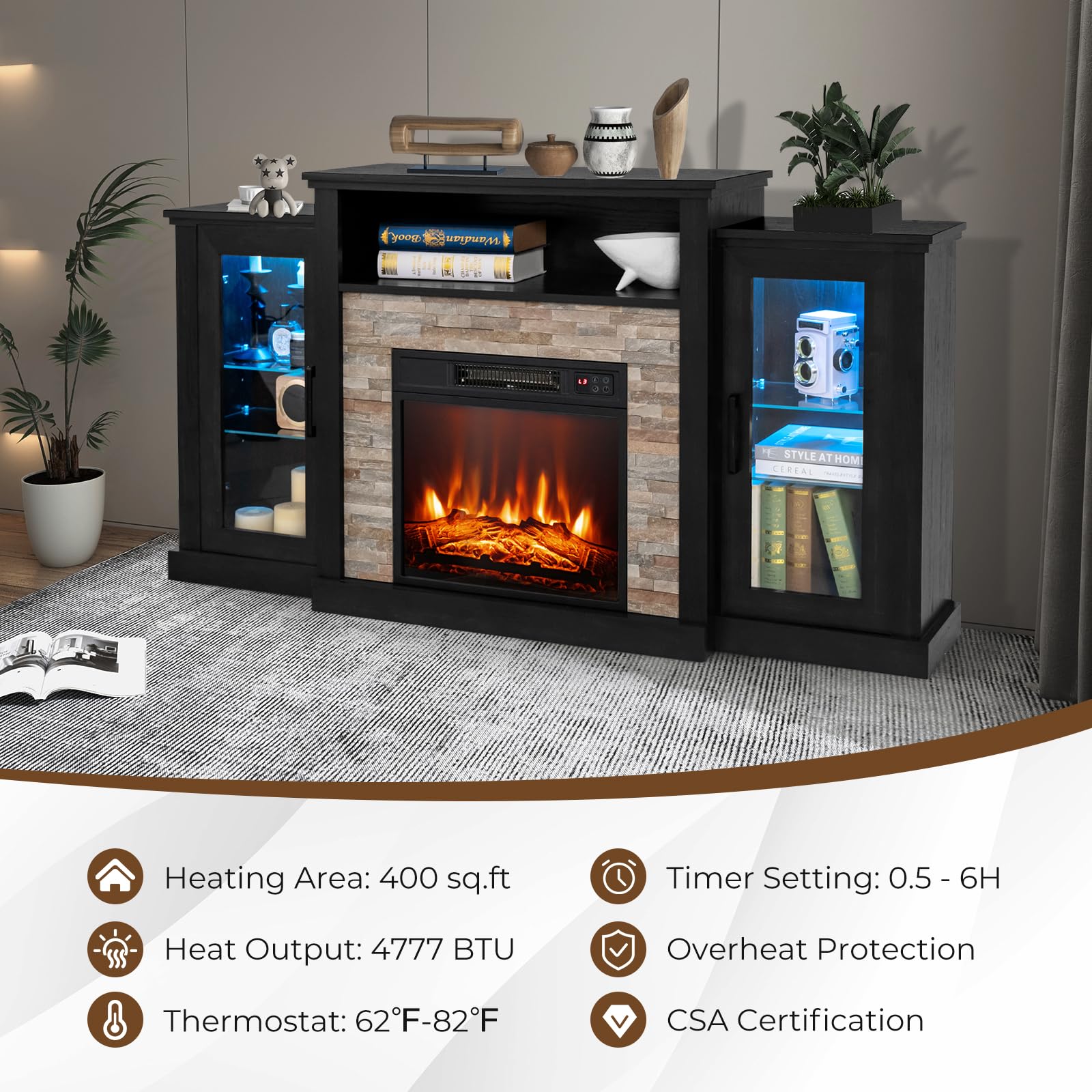 COSTWAY Electric Fireplace TV Stand for TVs Up to 65 Inches, 18-inch Fireplace Insert with APP Control, Remote Control, 16 Color Lights, Wooden Entertainment Center with Adjustable Shelves, Black