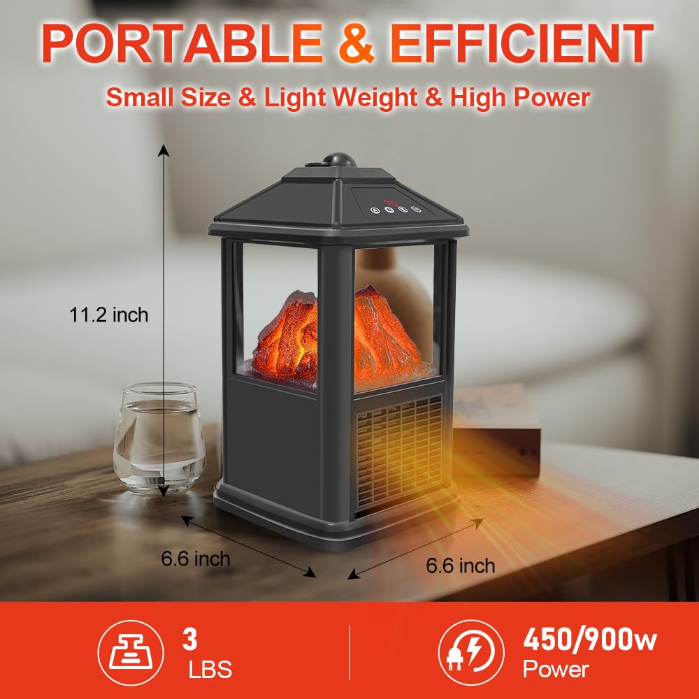 Portable Small Electric Fireplace Heater 3-Color Flame 900W Freestanding Space Heater Mini Electric Stove Heater with 4 Sided 59-90℉ Thermostat 12h-Timer Remote Control Overheat&Tip-Over Protection