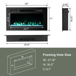 30 Inch Freestanding Electric Fireplace Inserts, Quiet Wall Mounted Fireplace, Led Fireplace for Living Room, Recessed Electric Fireplace, Linear Fireplace, Logs & Crystal, 750/1500W