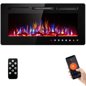 SUNNY FLAME 42" Electric Fireplace with Wi-Fi/Remote Control Wall Mounted and Recessed, Low Noise Fireplace with Timer, Touch Screen, Adjustable Flame Color and Speed, 750W/1500W, Log Set & Crystal