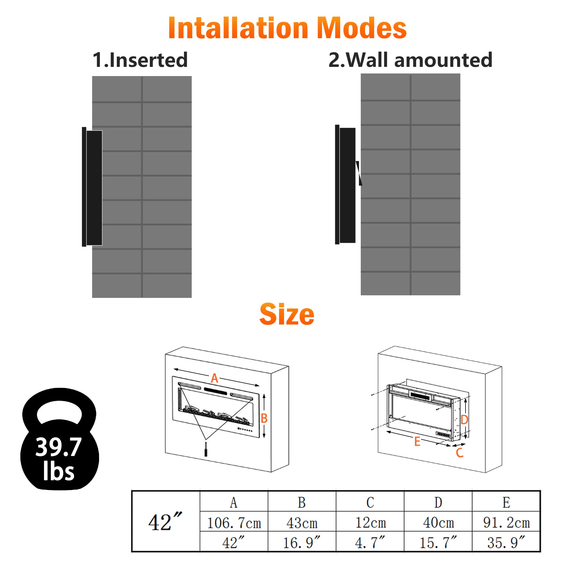 SUNNY FLAME 42" Electric Fireplace with Wi-Fi/Remote Control Wall Mounted and Recessed, Low Noise Fireplace with Timer, Touch Screen, Adjustable Flame Color and Speed, 750W/1500W, Log Set & Crystal