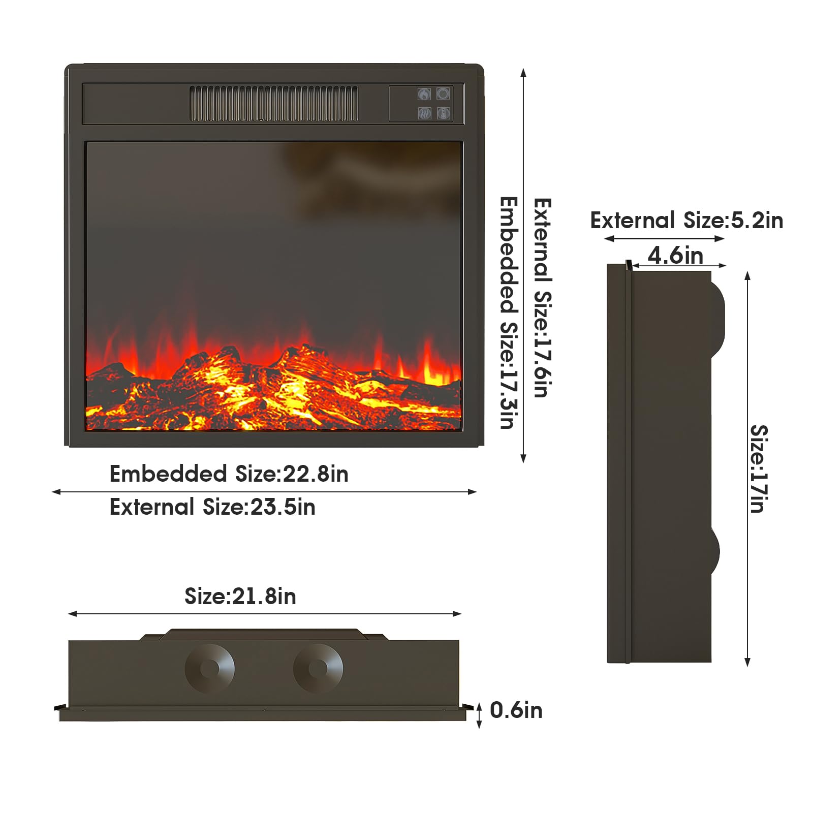 23" Electric Fireplace Insert, Recessed Fireplace Heater with Low Noise, Remote Control with Timer, Touch Screen, Adjustable Flame Brightness