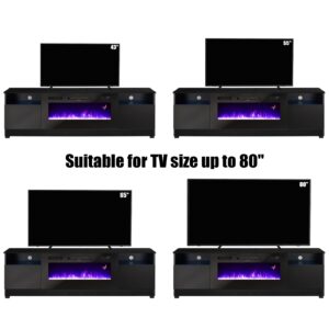 AMERLIFE 80" TV Stand with 40" Electric Fireplace Large Modern Wood Texture Media Entertainment Center with Highlight Storage Cabinet and 12 Colors LED Lights for TVs Up to 90", 80 inches, Black