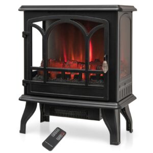 Tangkula 23 Inch Electric Fireplace Stove, Freestanding Fireplace Heater with Vivid Flame Effect, 3-Sided Panoramic View, Overheat Protection, 1400W Space Heater, Ideal for Home & Office