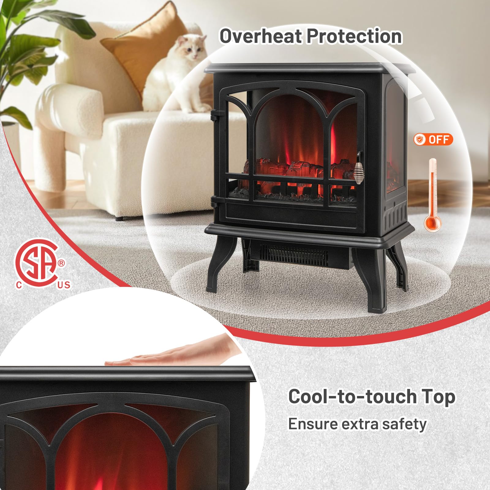 Tangkula 23 Inch Electric Fireplace Stove, Freestanding Fireplace Heater with Vivid Flame Effect, 3-Sided Panoramic View, Overheat Protection, 1400W Space Heater, Ideal for Home & Office