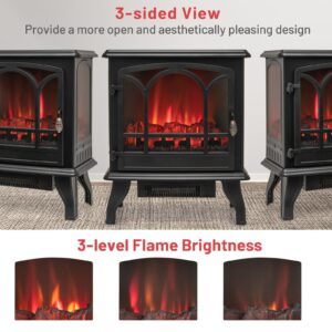 Tangkula 23 Inch Electric Fireplace Stove, Freestanding Fireplace Heater with Vivid Flame Effect, 3-Sided Panoramic View, Overheat Protection, 1400W Space Heater, Ideal for Home & Office