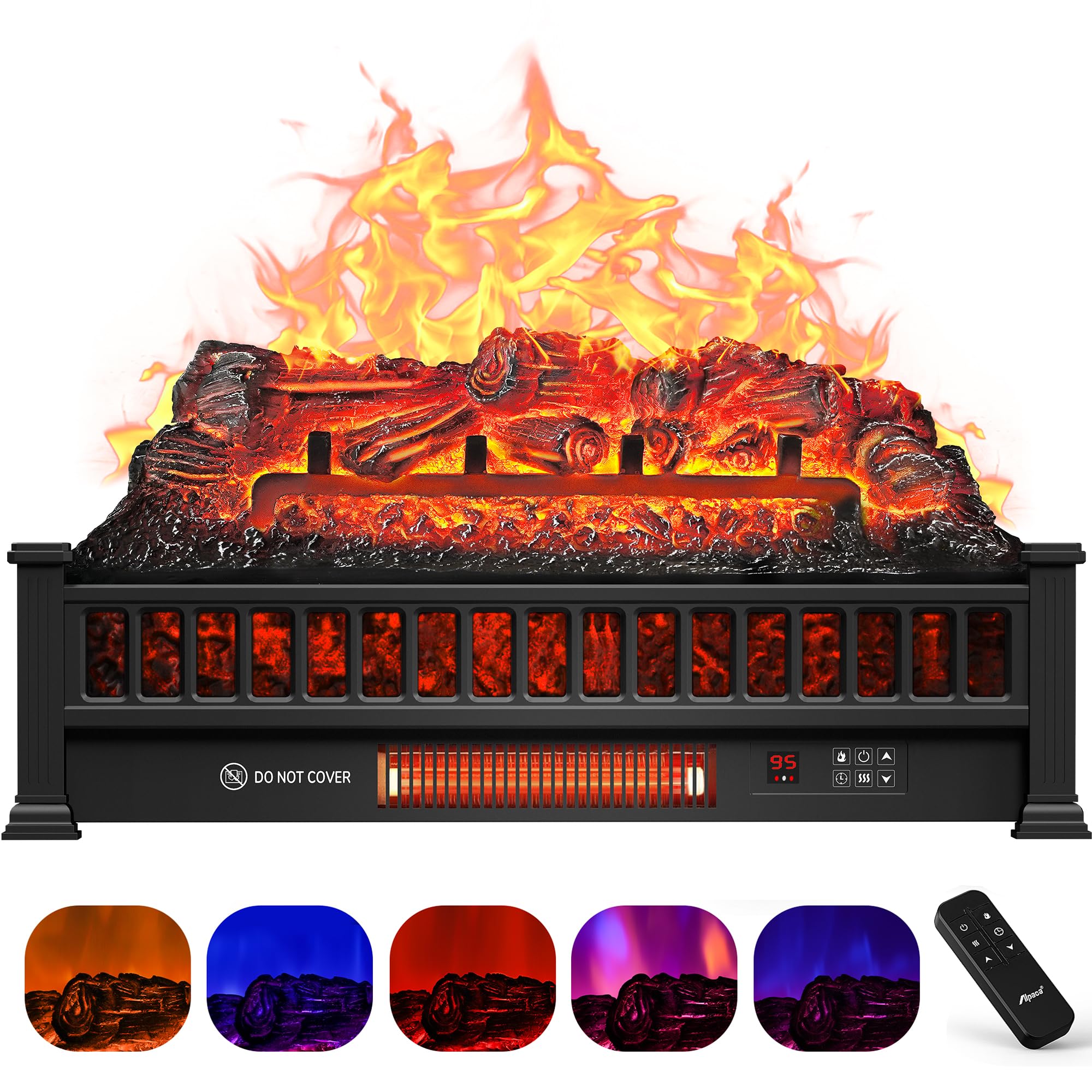 Alpaca Electric Fireplace Logs 26-Inch, Remote Controller Fireplace Insert Log Heater, Adjustable Flame Colors, Realistic Fake firewood Flame, Overheat Protection, Timer, Thermostat, 1500W Black