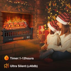 Alpaca Electric Fireplace Logs 26-Inch, Remote Controller Fireplace Insert Log Heater, Adjustable Flame Colors, Realistic Fake firewood Flame, Overheat Protection, Timer, Thermostat, 1500W Black