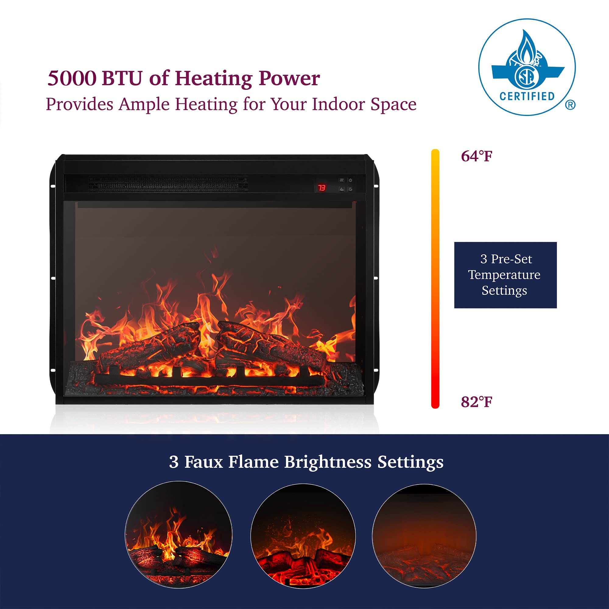 DELLA 23" Indoor Fireplace Heater, Electric Fireplace Insert, Recessed Fireplace Heater with Remote Control Adjustable Brightness, Timer, Automatic Temperature Control, Black