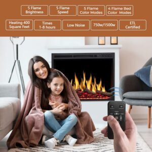 Havato 34 inch Electric Fireplace Inserts, Recessed Electric Stove Heater with Adjuatble Flame Colors, Log Colors, Flame Speed and Brightness, Remote Control & Time,750W/1500W