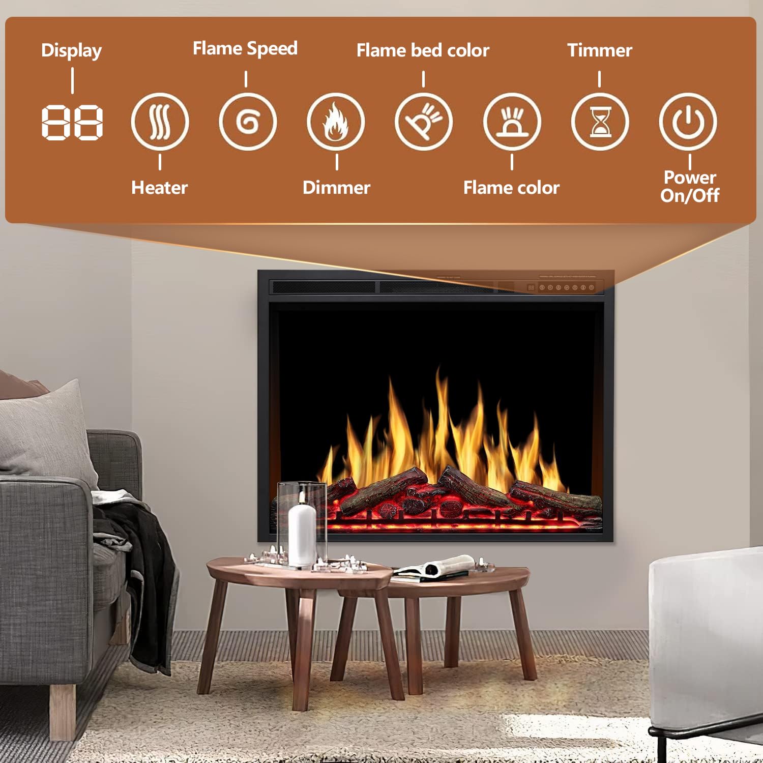 Havato 34 inch Electric Fireplace Inserts, Recessed Electric Stove Heater with Adjuatble Flame Colors, Log Colors, Flame Speed and Brightness, Remote Control & Time,750W/1500W