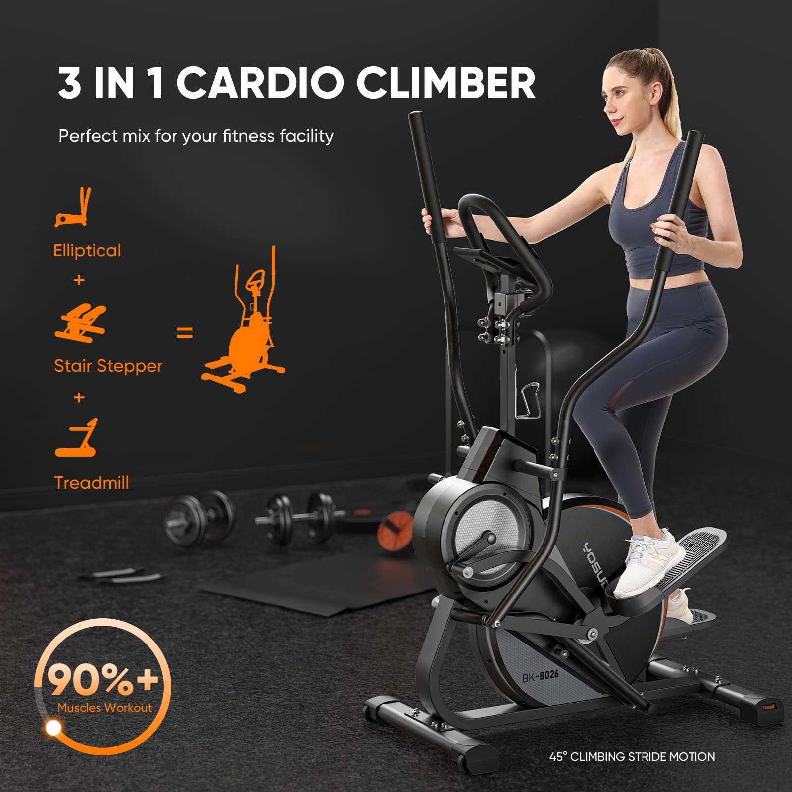 YOSUDA Pro Cardio Climber Stepping Elliptical Machine, 3-in-1 Elliptical Machine Stair Stepper Trainer, Total Body Fitness Cross Trainer with Quiet Magnetic Driving System, 16 Resistance