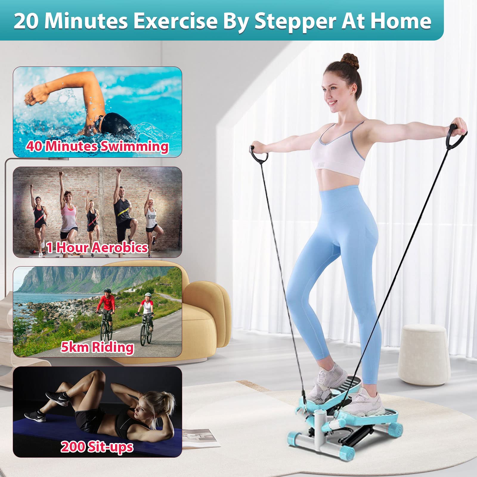 Kweetle Steppers for Exercise, Mini Stair Stepper with Resistance Bands & Mat, Stepper Machine 330lbs Bearing Capacity with LCD Display for Home Office Workout Training, Blue