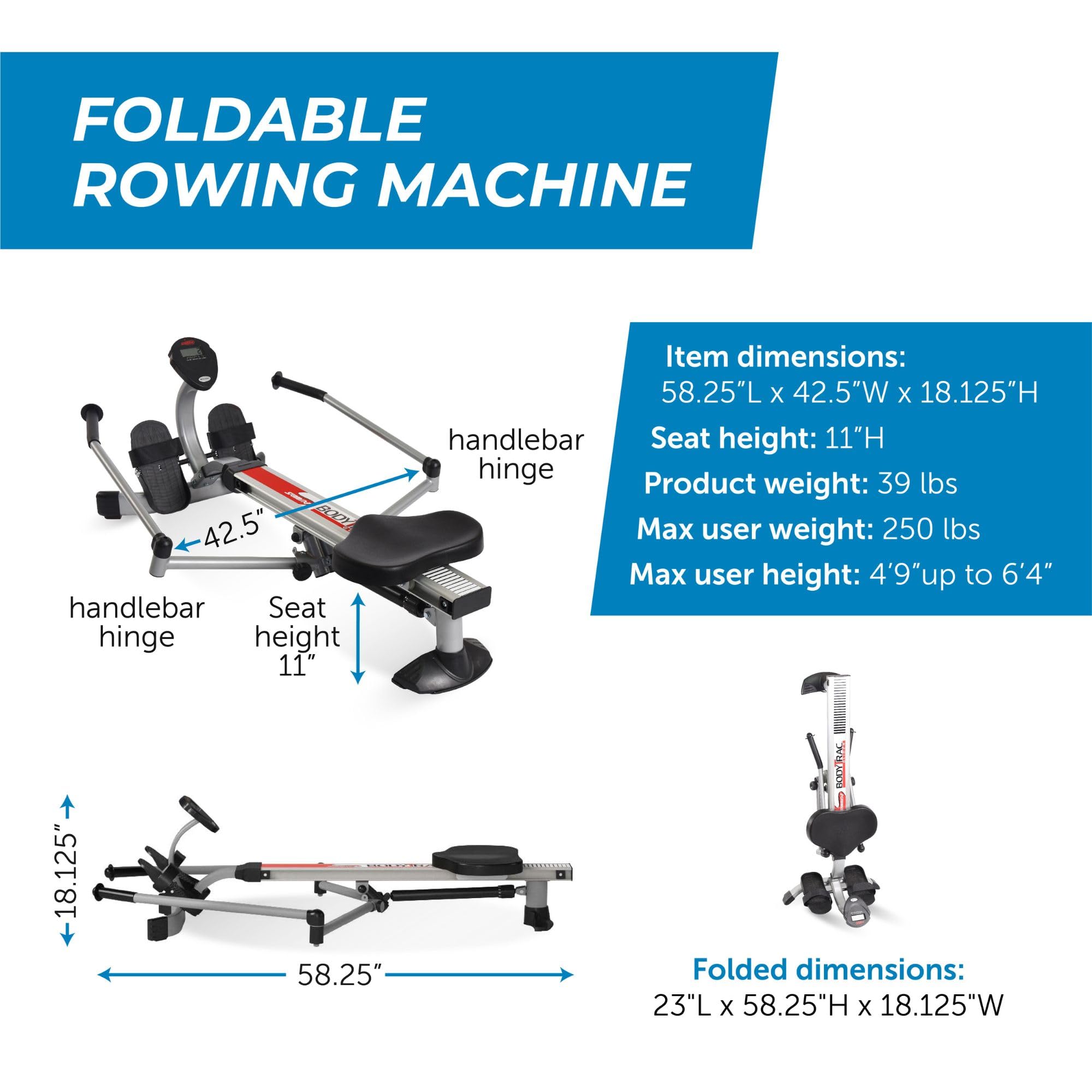 Stamina BodyTrac Glider 1050 Hydraulic Rowing Machine with Smart Workout App - Rower Workout Machine with Cylinder Resistance - Up to 250 lbs Weight Capacity