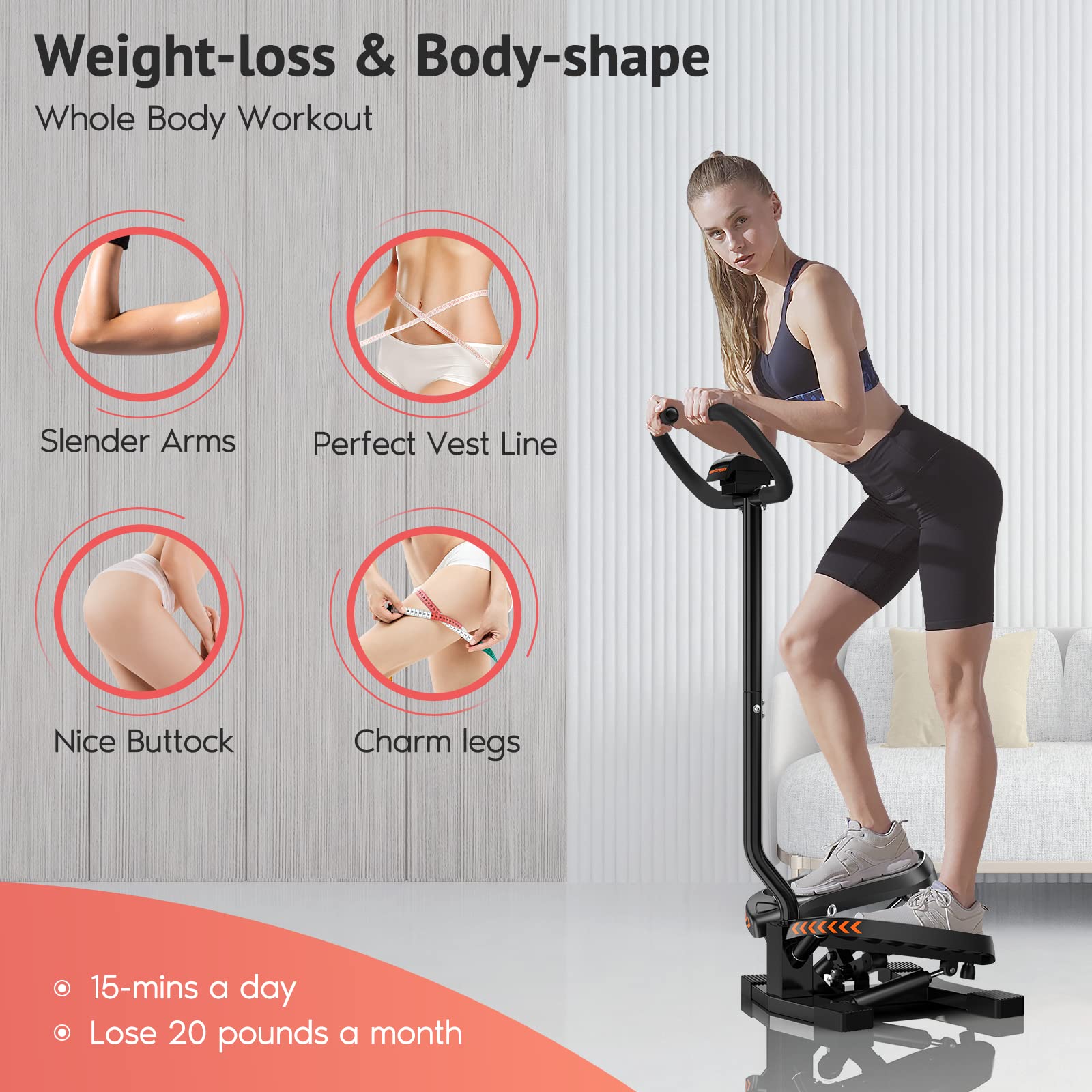 Sportsroyals Stair Stepper for Exercises-Twist Stepper with Handlebar and Resistance Bands for 330lbs Weight Capacity
