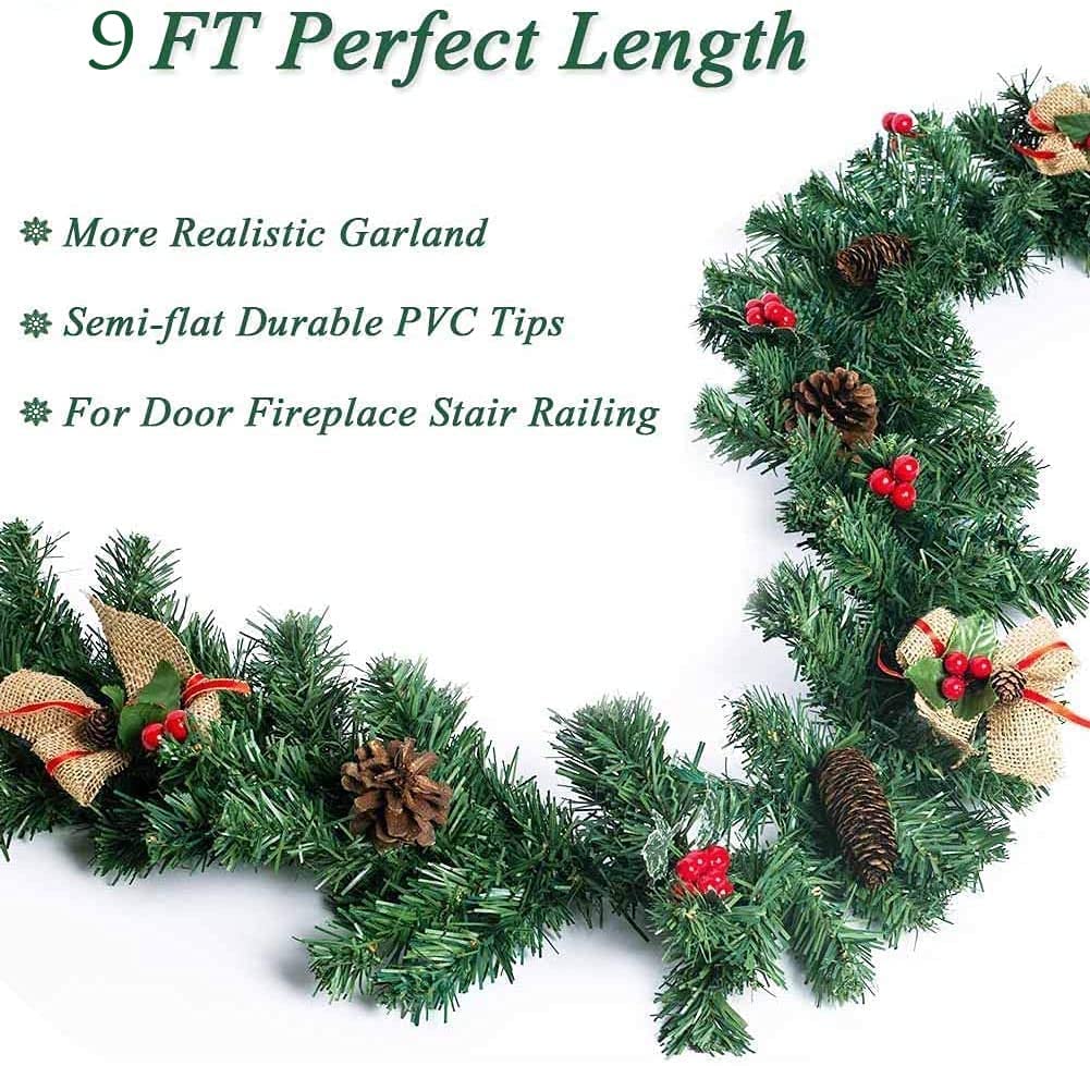 MarKnig 2 Pack Green Christmas Garland for Holiday Decoration, 9 FT Premium Quality Artificial Greenery Plant for Home, Fireplaces, Chandeliers, Stairs, Gate, Garden, Wedding Party, Outdoor/Indoor (2)