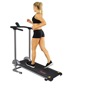 sunny health & fitness foldable manual treadmill, compact cardio fitness, durable non-electric incline exercise, walking tread pad, transportation wheels, non-slip handlebars with digital monitor