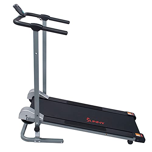 Sunny Health & Fitness Foldable Manual Treadmill, Compact Cardio Fitness, Durable Non-Electric Incline Exercise, Walking Tread Pad, Transportation Wheels, Non-Slip Handlebars with Digital Monitor