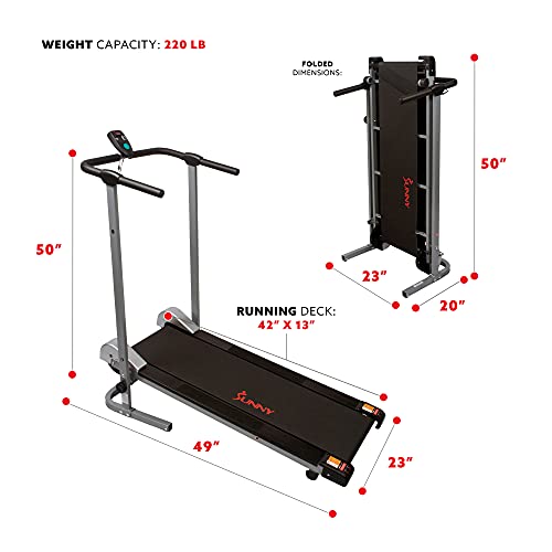 Sunny Health & Fitness Foldable Manual Treadmill, Compact Cardio Fitness, Durable Non-Electric Incline Exercise, Walking Tread Pad, Transportation Wheels, Non-Slip Handlebars with Digital Monitor