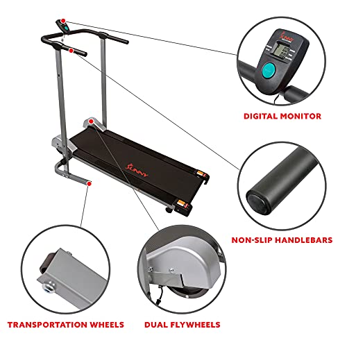 Sunny Health & Fitness Foldable Manual Treadmill, Compact Cardio Fitness, Durable Non-Electric Incline Exercise, Walking Tread Pad, Transportation Wheels, Non-Slip Handlebars with Digital Monitor