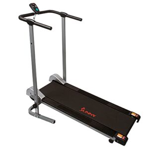 Sunny Health & Fitness Foldable Manual Treadmill, Compact Cardio Fitness, Durable Non-Electric Incline Exercise, Walking Tread Pad, Transportation Wheels, Non-Slip Handlebars with Digital Monitor