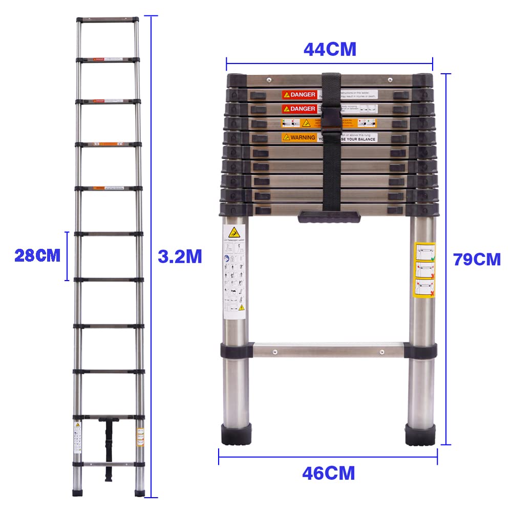 Telescopic Loft Ladder 3.2m/10.5ft Telescoping Extension Foldable Ladder Folding Attic Ladder 11 Steps for Multipurpose, 330lb Load Capacity