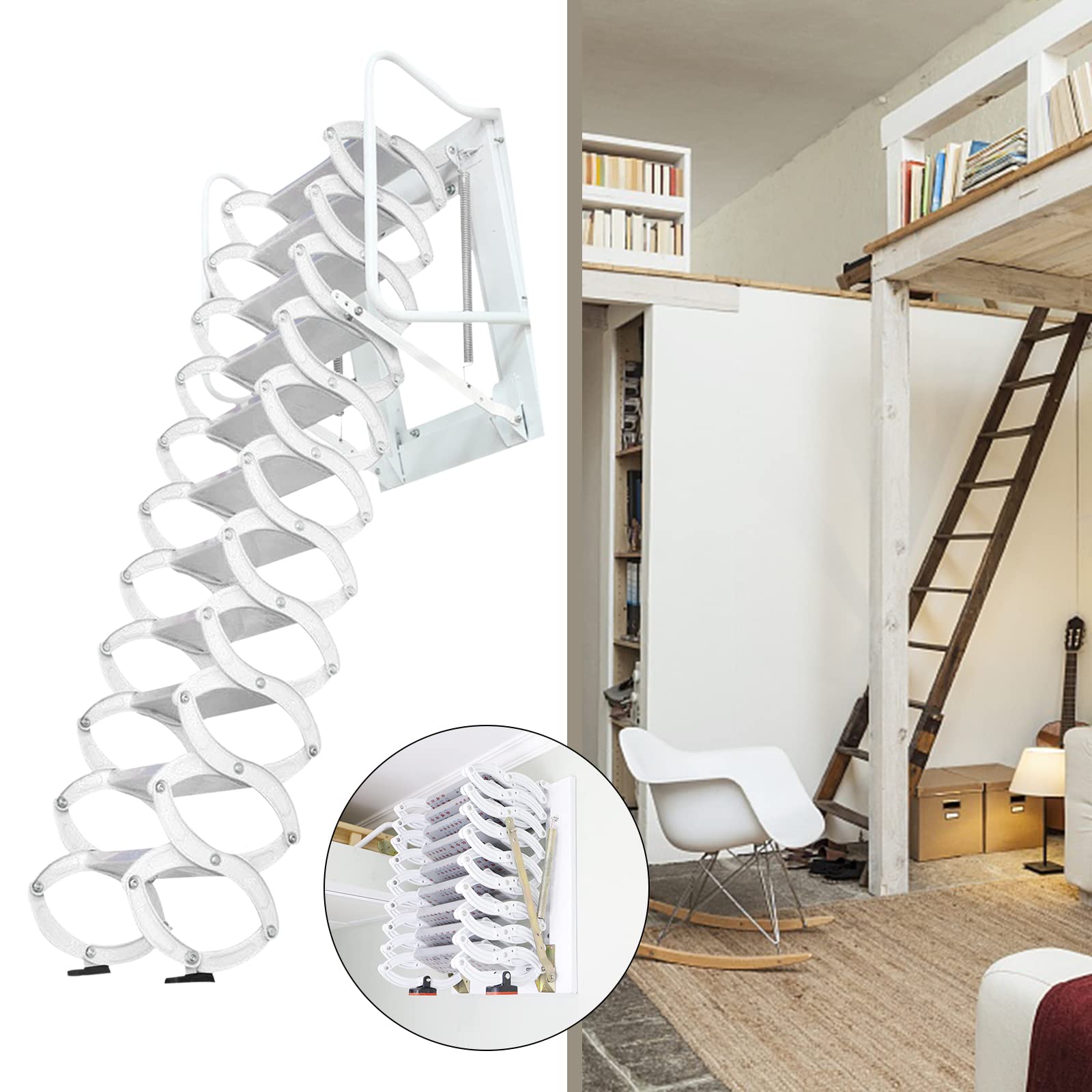 Telescopic Ladder Attic Ladder Pull Down Attic Ladder Alloy Attic Stairs 12 Steps Loft Ladder 9.2FT Wall-Mounted Collapsible Ladder with Armrests (White)