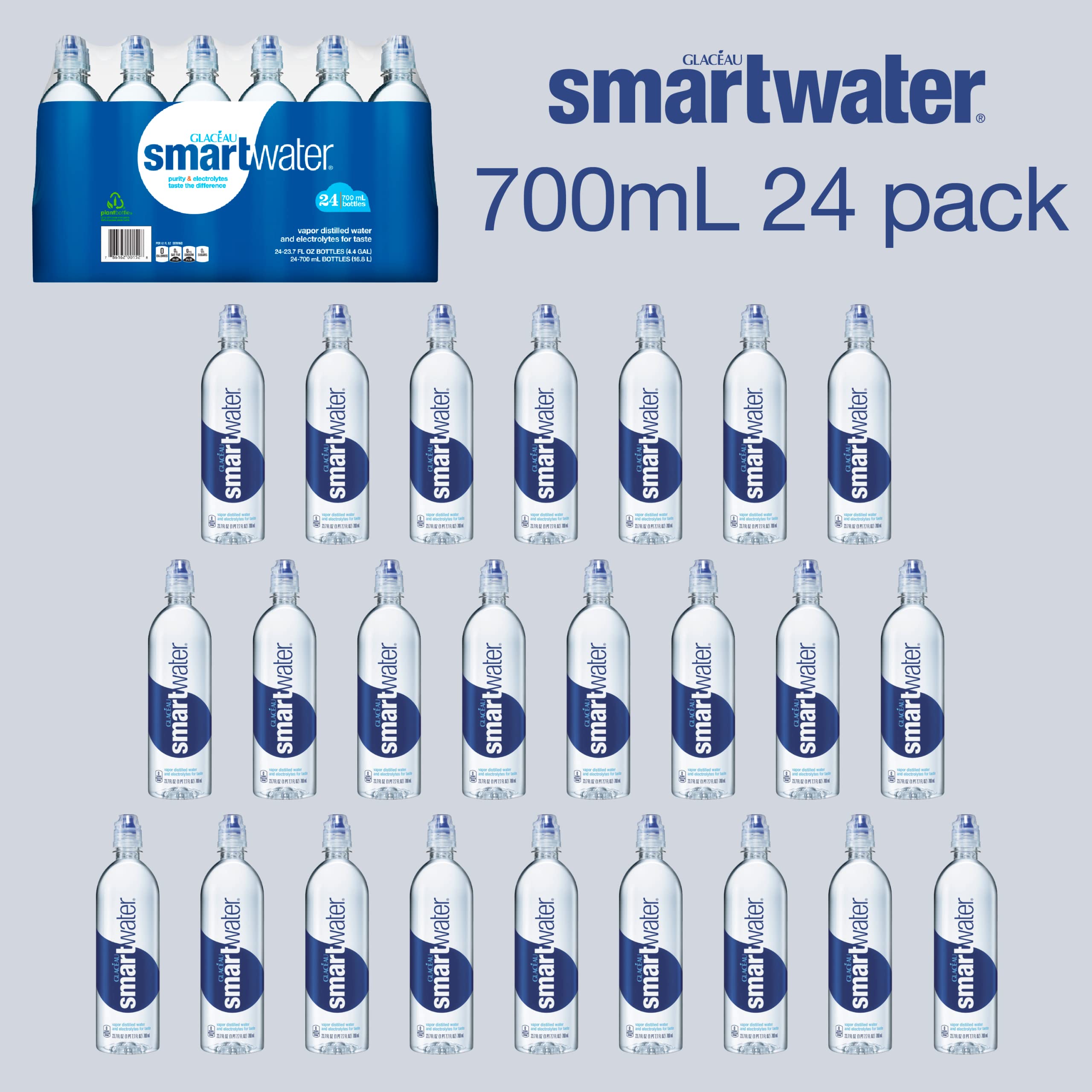 smartwater Smart Water Sports Cap, 700ml, 24 Pack, 23.7 Fl Ounce (Pack of 24)