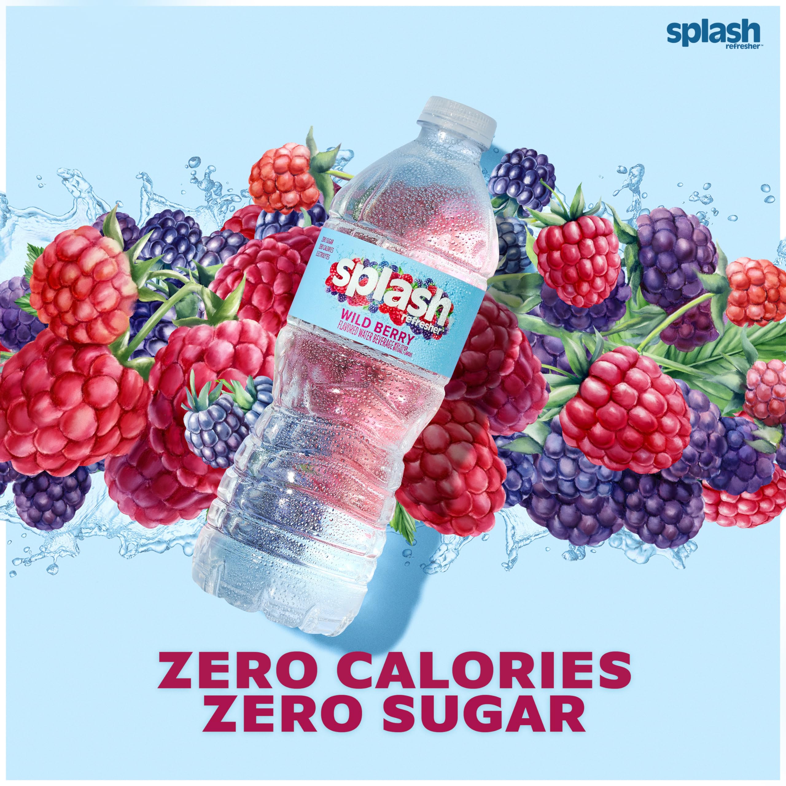 Splash Refresher, Wild Berry Flavor Water Beverage, 16.9 Fl Oz Plastic Bottles (24 Count)