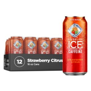 Sparkling Ice +Caffeine Strawberry Citrus Sparkling Water, with Antioxidants and Vitamins, Zero Sugar, 16 fl oz Cans (Pack Of 12)